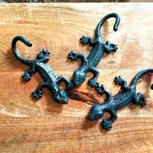 Set of Three Green Tinted Wrought Iron Lizard Hanger Hooks